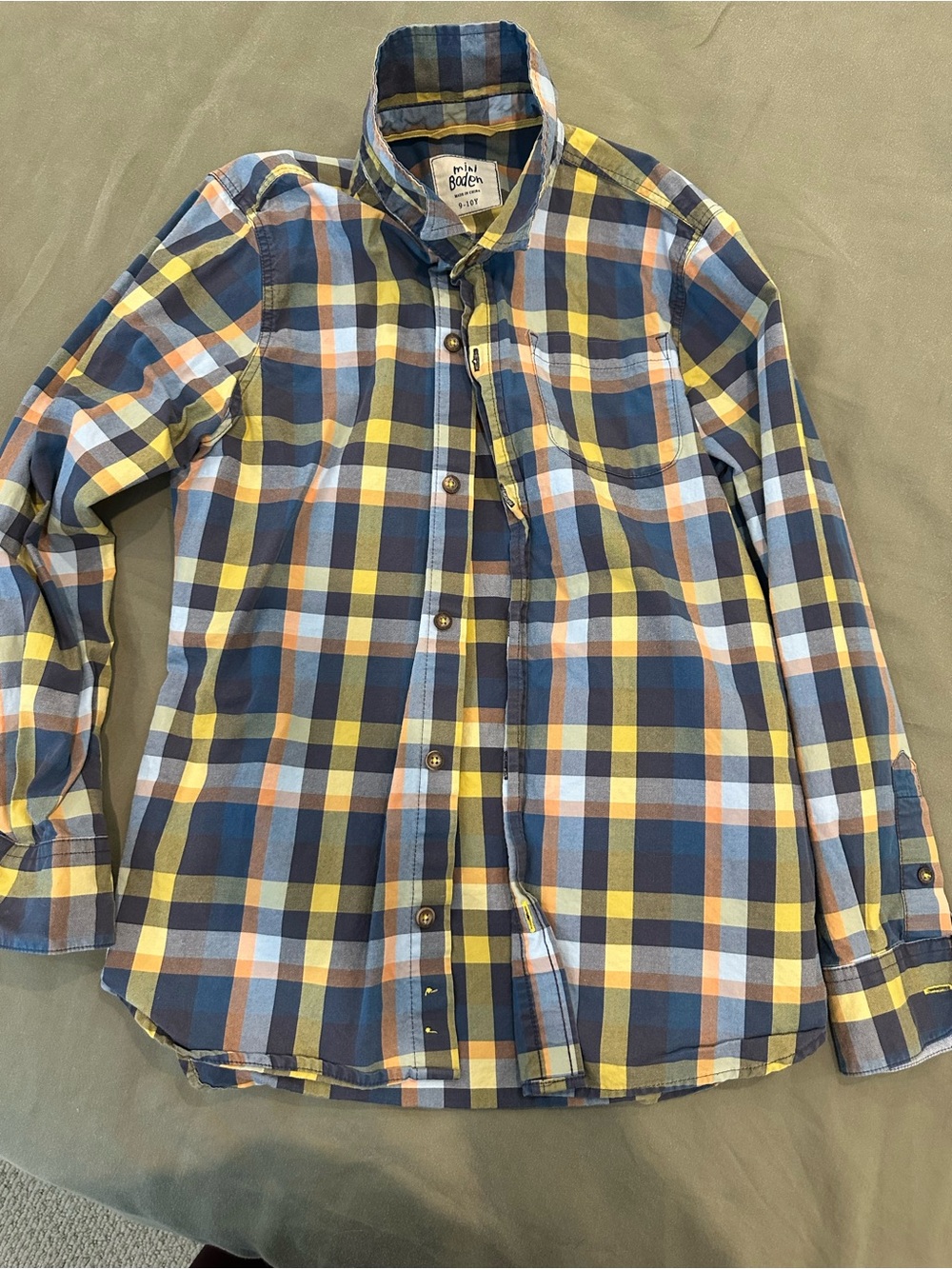 Mini Boden Blue, Yellow & Orange Plaid Button-Down Shirt